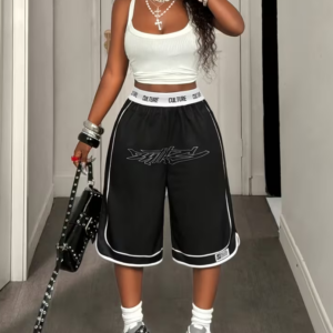 Women's High-Waisted Shorts with Contrast Letter Print