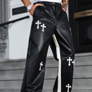 Men's Straight PU Leather Pants with Black Cross Patch