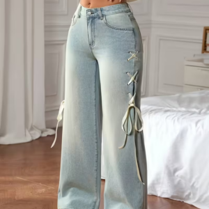 Women's Loose-Fit Wide-Leg Flared Jeans with Bow Tie