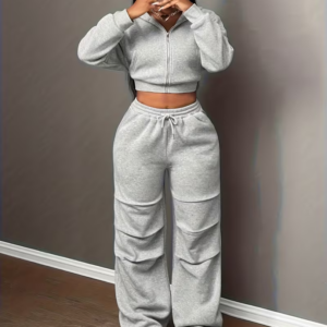 Women's Casual Long Sleeve Hoodie Crop Top and Pants Set