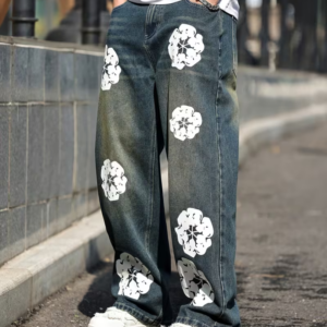 Loose Wide-Leg Washed Denim Jeans with Floral Print